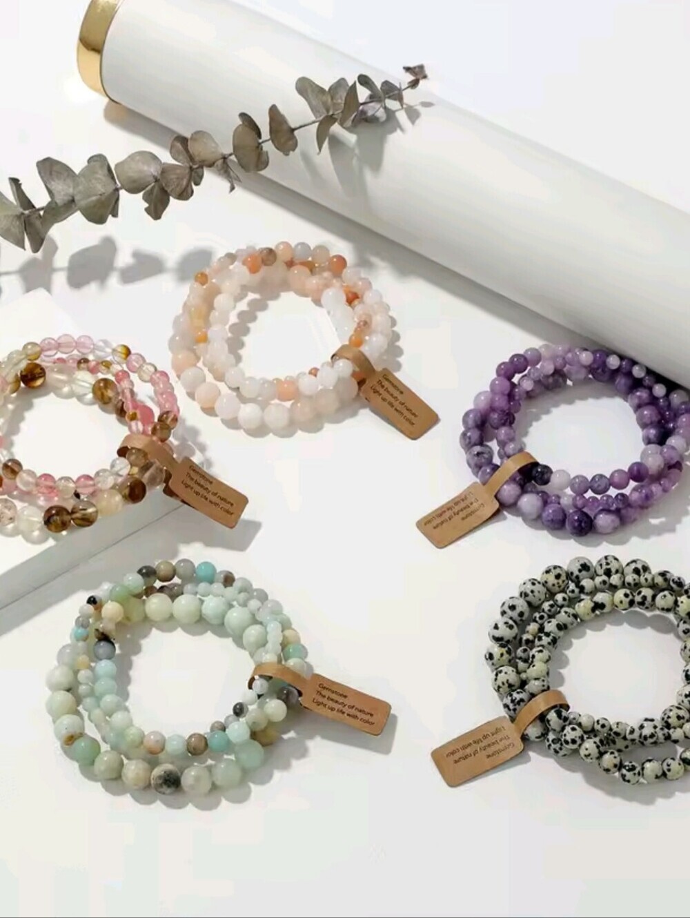 3pc Natural Amazonite Gemstone Stretch Bracelet Set Boho Crystal Beaded Jewelry - Picture 5 of 8